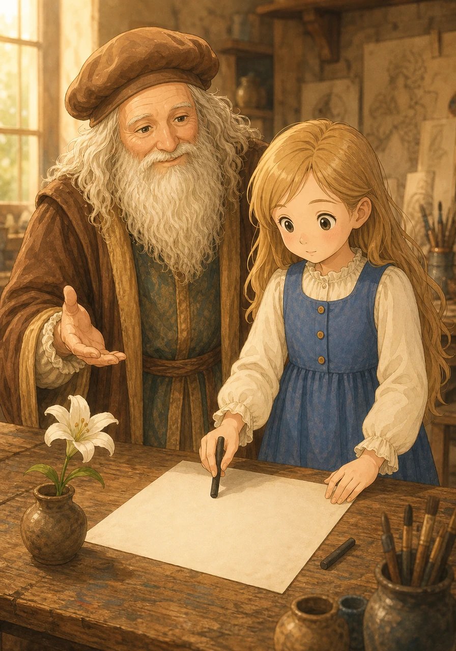 Pour lui prouver ses paroles, le maître tend à Louise un fusain et une feuille de papier blanc. Il l'encourage à dessiner une jolie fleur posée sur la table, sans craindre de rater son trait. La fillette hésite un instant, puis pose avec précaution la pointe du fusain sur la page.