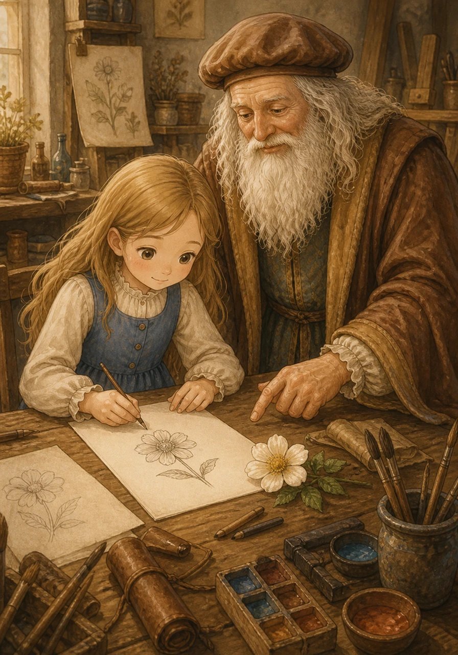 Son premier essai est un peu maladroit, mais Léonard la félicite chaleureusement et l'invite à observer à nouveau les pétales. En recommençant avec patience et attention, le dessin de la fillette devient de plus en plus précis et harmonieux. Louise ressent alors une belle vague de fierté monter en elle.