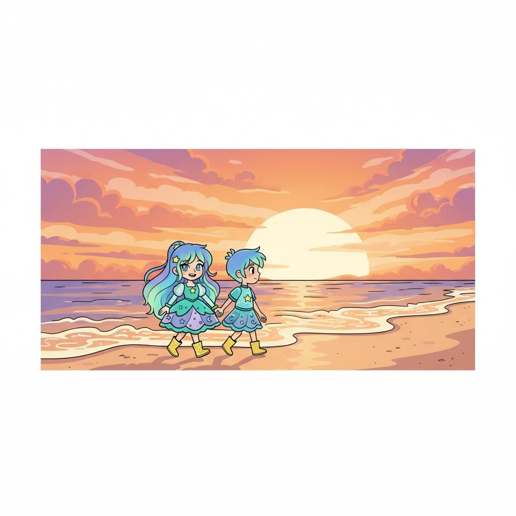 Eles caminharam de mãos dadas pela praia, observando o pôr do sol. As ondas suaves quebravam na areia, criando um cenário romântico. O amor deles florescia a cada instante, como as cores vibrantes no céu.