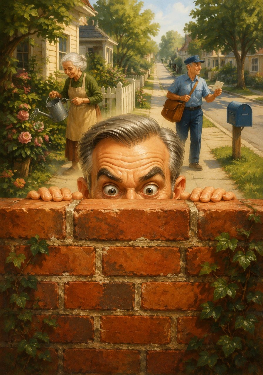 Mr. Arthur Carney was a man of immense curiosity, possessing wide, expressive eyes and eyebrows that seemed to have a life of their own. One bright morning, he found the perfect vantage point behind a tall, red brick wall to observe the bustling neighborhood. With only the top half of his face visible from the bridge of his nose upward, he began his daily ritual of playful, comically suspicious spying.