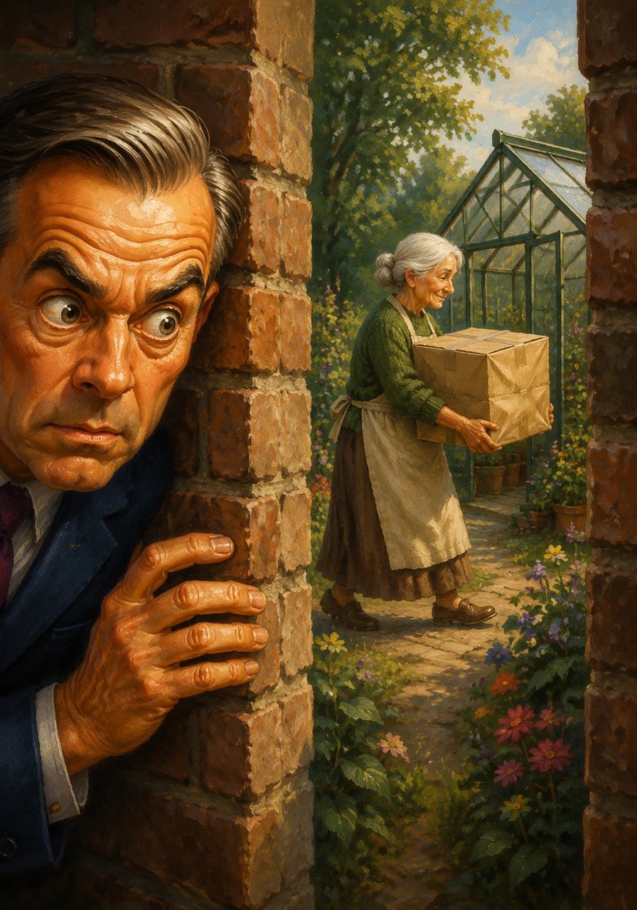 Through the gaps in the mortar, Mr. Carney spotted Mrs. Higgins carrying a suspiciously large, lumpy cardboard box into her garden greenhouse. His eyes grew even wider as he imagined the extraterrestrial plants or top-secret inventions she might be hiding away from the world. He leaned closer to the warm bricks, adjusting his grip as he carefully monitored her every move.