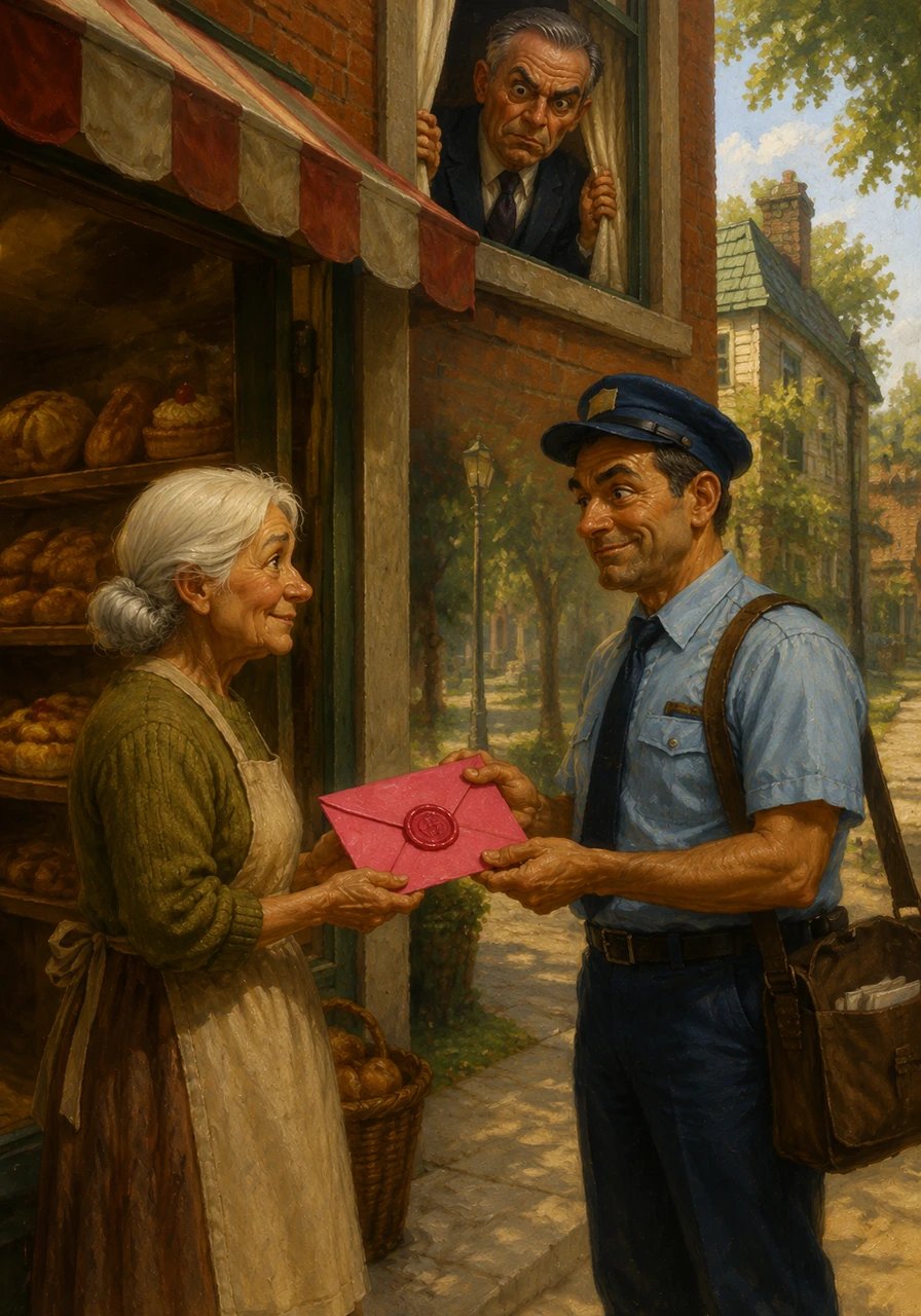 The plot thickened when the neighborhood mail carrier delivered a neon pink envelope sealed with a giant wax stamp directly to the bakery next door. Mr. Carney tracked the delivery with intense focus, his eyebrows knitting together in a display of dramatic concentration. He was absolutely certain that a grand baking conspiracy was unfolding right before his eyes.