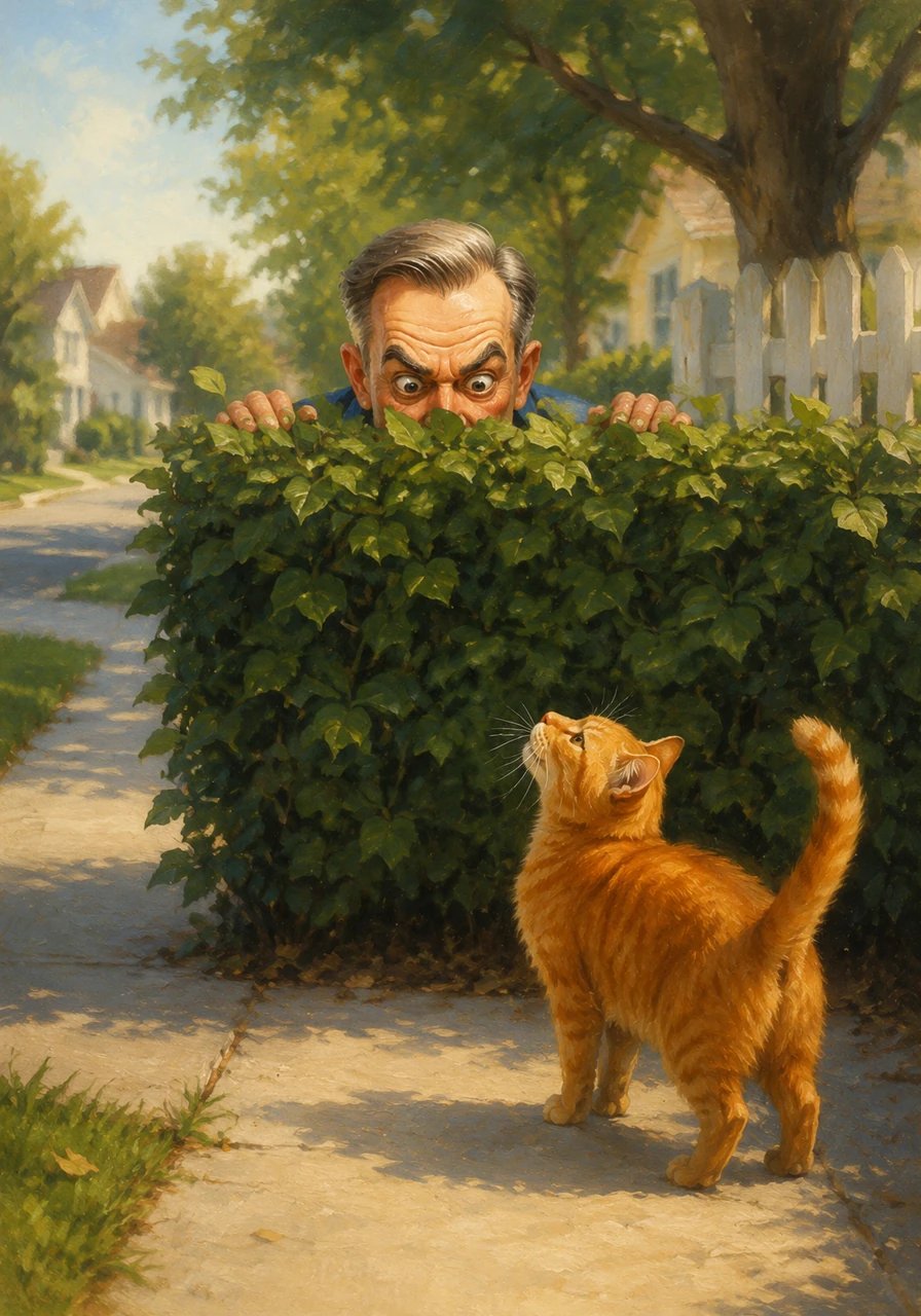 As the afternoon rolled in, a stray orange tabby cat trotted down the sidewalk and paused right in front of Mr. Carney’s hiding spot. The cat stared up at the half-hidden face with an equally suspicious glare, creating a silent, hilarious standoff between man and feline. Mr. Carney refused to blink first, determined to maintain his cover at all costs.