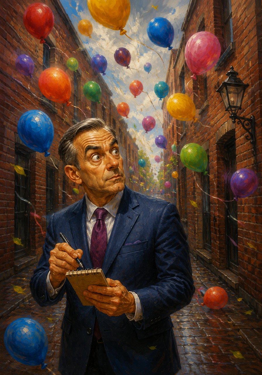 Suddenly, a gust of wind swept through the lane, carrying with it a flurry of colorful balloons from an unseen party down the street. Mr. Carney’s eyes darted upward, tracking the floating globes of color as they danced just out of reach above the red bricks. He jotted down mental notes about this festive anomaly, convinced it was a coded signal.