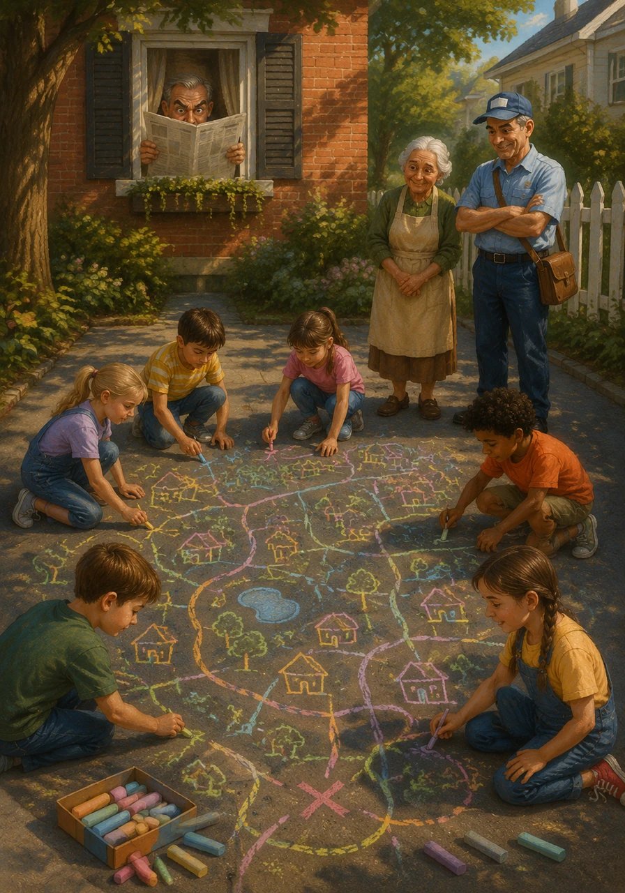 Later that day, the local kids gathered on the pavement to draw a massive, intricate chalk map that stretched across the entire driveway. From his brick sanctuary, Mr. Carney analyzed the colorful lines and symbols, believing he was witnessing the blueprint for a legendary neighborhood treasure hunt. His excitement was palpable, even with only his eyes showing.