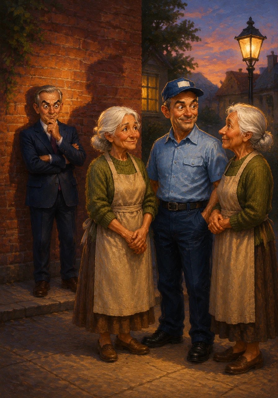 As dusk began to settle, the long shadows stretched across the red brick wall, making Mr. Carney look even more like a mysterious character from a vintage comic strip. A group of neighbors gathered nearby for an evening chat, completely unaware of the highly attentive audience peeking out from the masonry just feet away. He listened with rapt attention, capturing the gentle hum of community life.