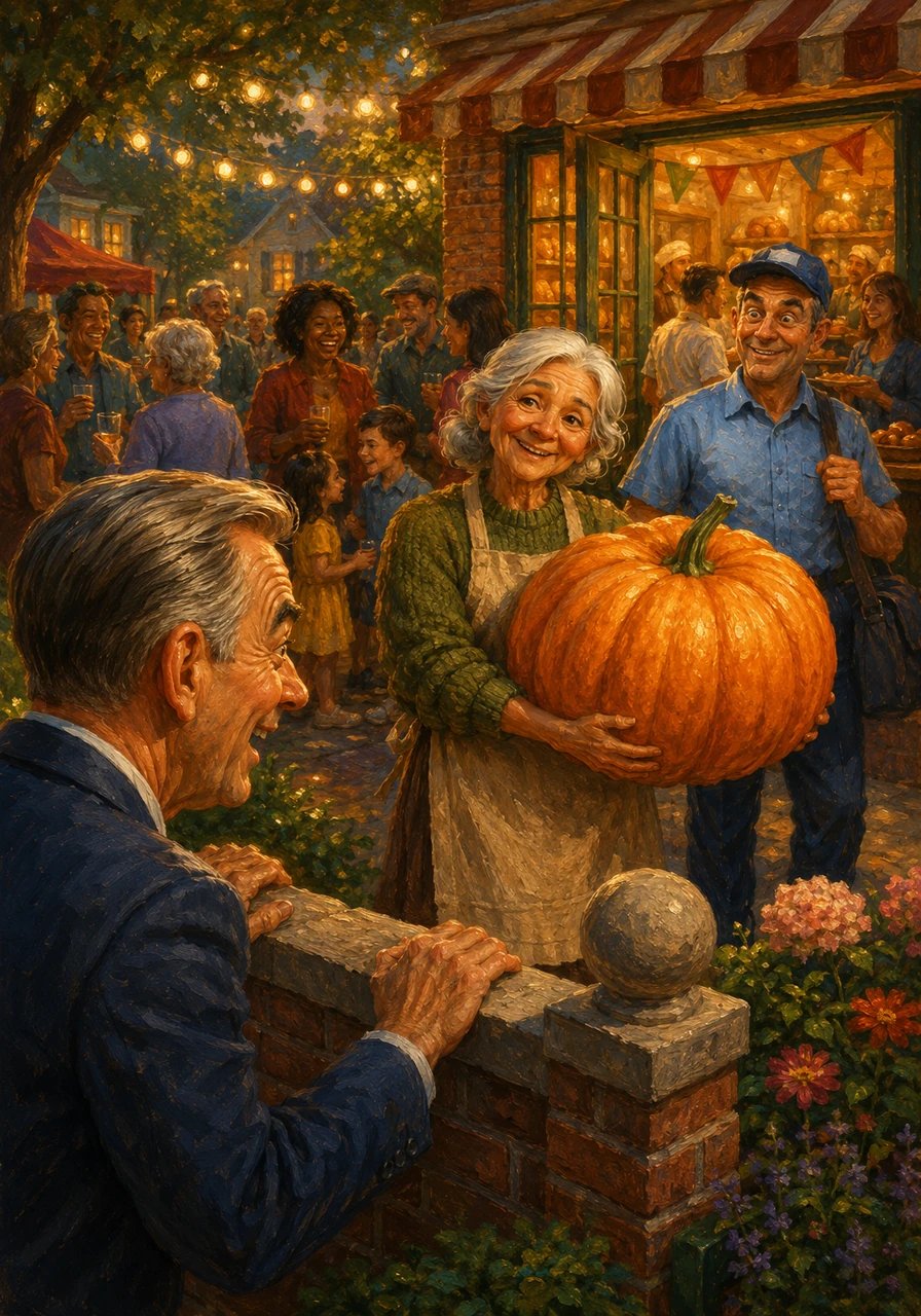 The neighborhood mystery reached its delightful climax when Mrs. Higgins emerged from her greenhouse holding a magnificent, record-breaking giant pumpkin, and the bakery opened its doors to reveal a surprise block party. Realizing there was no grand conspiracy, only a wonderful celebration, Mr. Carney’s suspicious gaze softened into pure delight. His eyes crinkled with laughter behind his brick fortress.