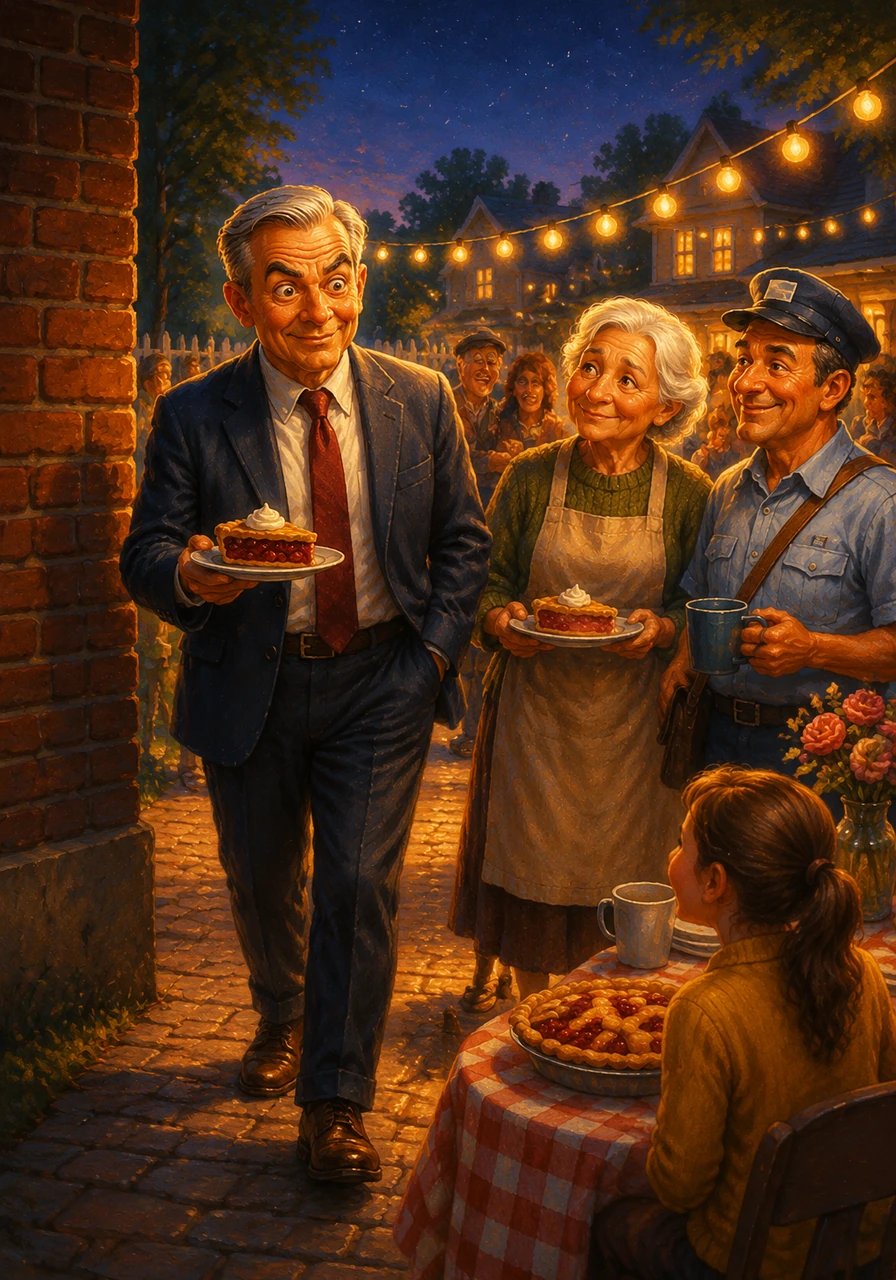 With the stars beginning to twinkle in the evening sky, Mr. Arthur Carney finally stepped out from behind the tall red brick wall to join his friends and neighbors. His days of spying were over for the night, replaced by the warm embrace of the very community he loved to watch. He walked into the light, ready to share a laugh and a slice of pie, no longer hidden from view.