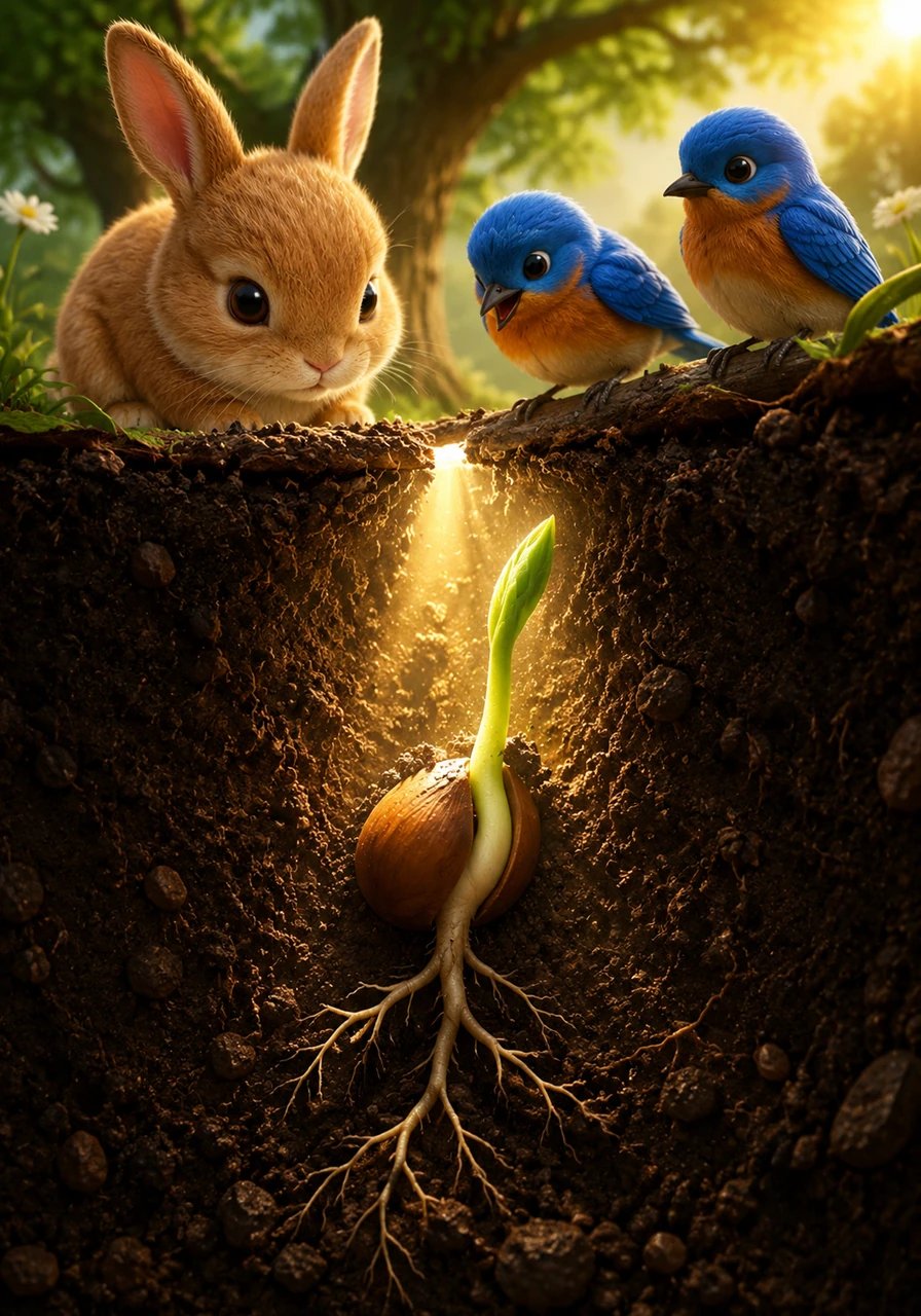 One morning, a single, warm ray of sunlight pierced through the soil, touching Pip with a gentle glow. Feeling a sudden surge of bravery, the little seed stretched his tiny roots downward and pushed his very first sprout toward the light.
