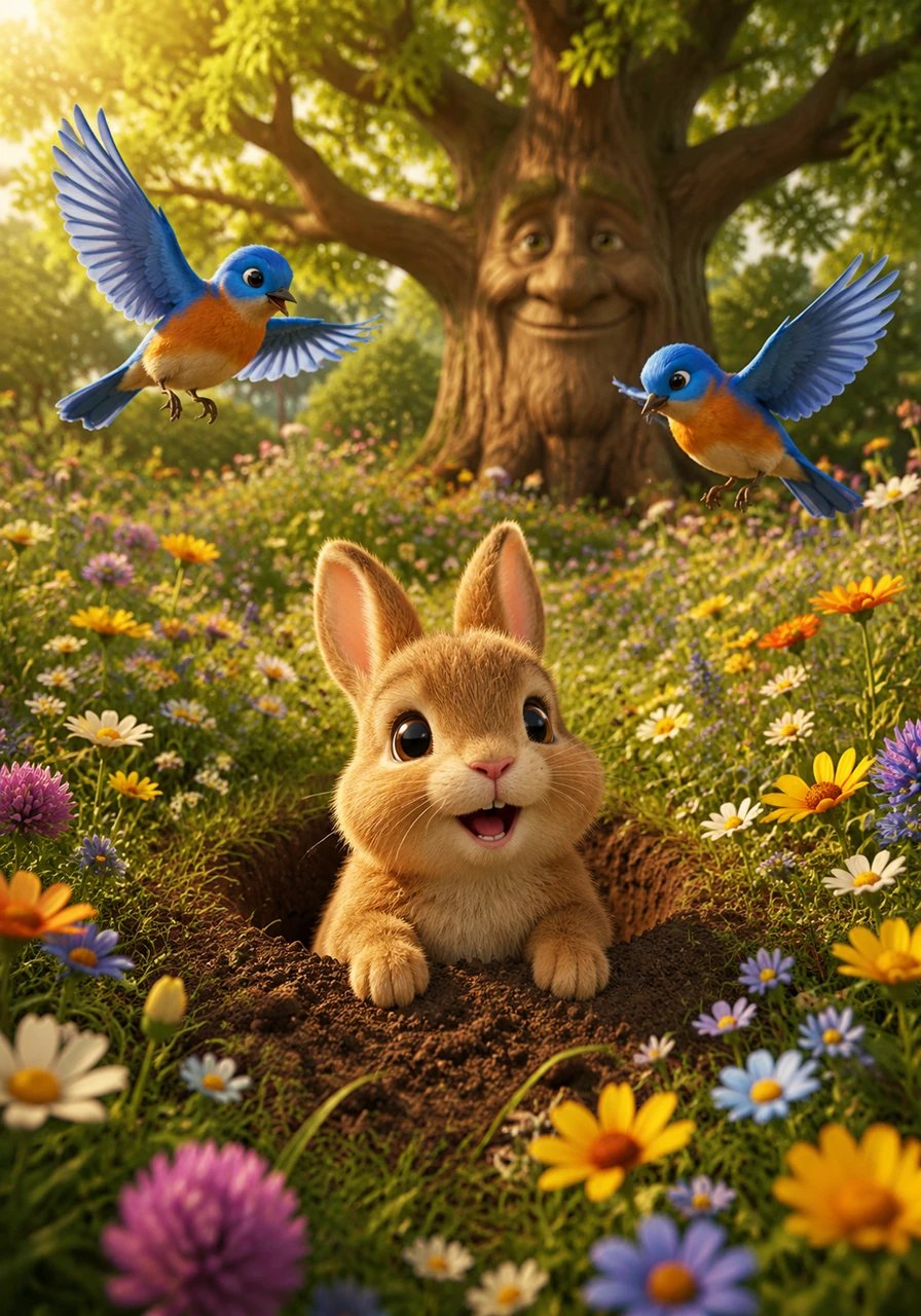 With a determined wiggle, Pip finally broke through the surface and gasped at the beauty of the meadow. The air was sweet with the scent of wildflowers, and the wind whispered a soft welcome to the newest member of the forest.