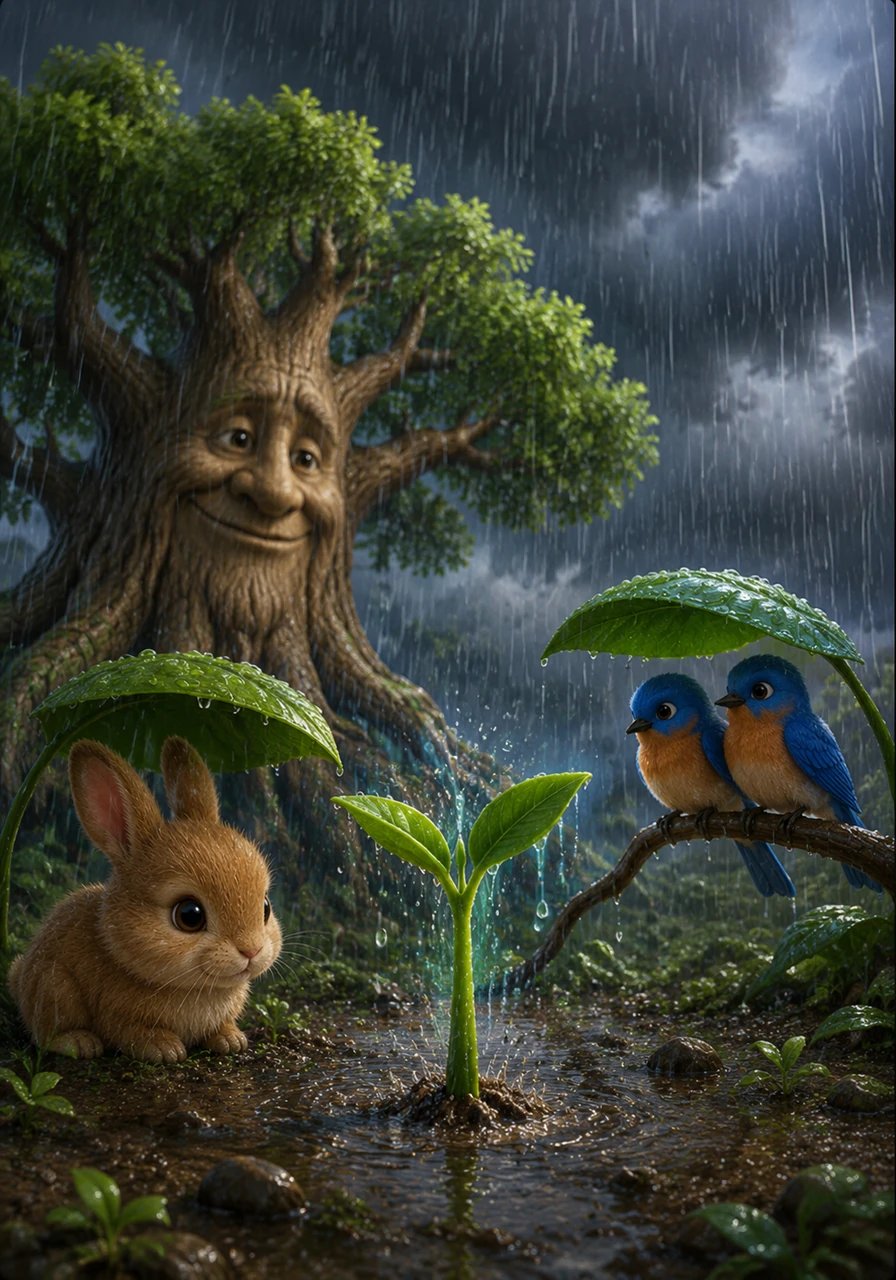 Dark clouds soon gathered, and a heavy rain began to fall, drenching the thirsty ground. Instead of being afraid, Pip opened his small leaves wide, drinking in the cool water and feeling his stem grow stronger and taller.