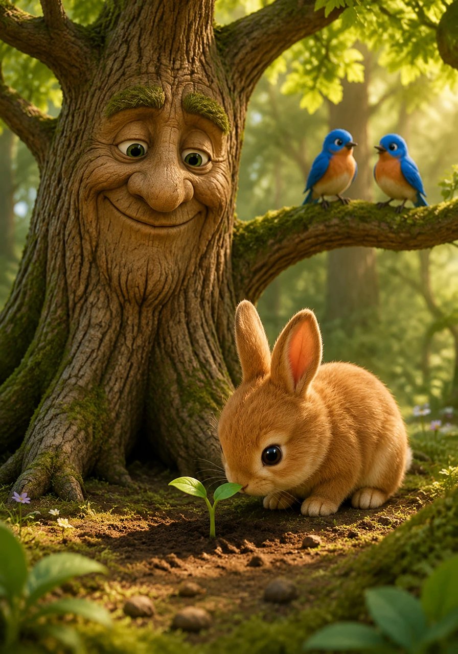 A fluffy brown rabbit hopped by and stopped to sniff the curious green sprout. Pip stood as still as he could, realizing that even though he was small, he was an important part of this big, wondrous world.