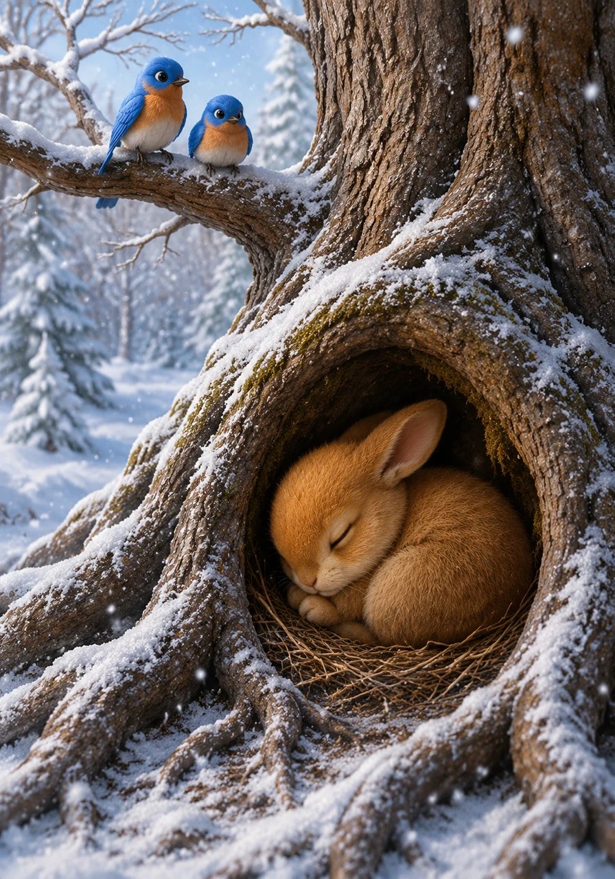 When the air turned cold and white snowflakes began to dance, Pip prepared for a long winter's nap. He tucked his energy deep inside his trunk, trusting that his strong roots would keep him safe until the warmth returned.