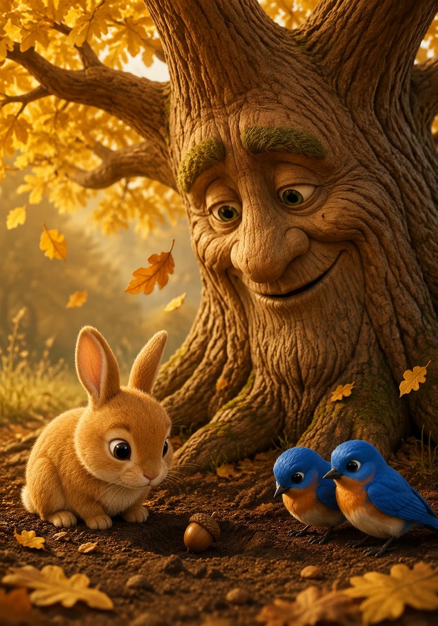 As the autumn wind shook his golden leaves, a tiny acorn fell from Pip's branches and settled into the soft earth below. Pip whispered a secret promise to the new seed, knowing that every great forest begins with a single, brave dream.