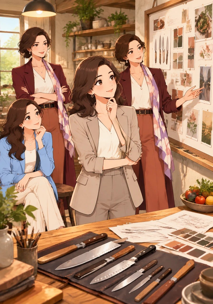 Sofia observa um acolhedor estúdio de design e culinária, onde um painel editorial faz a pergunta provocativa: Qual faca é você? Ao seu redor, a atmosfera celebra a singularidade das mulheres, mostrando que cada instrumento possui um propósito valioso, bonito e indispensável.