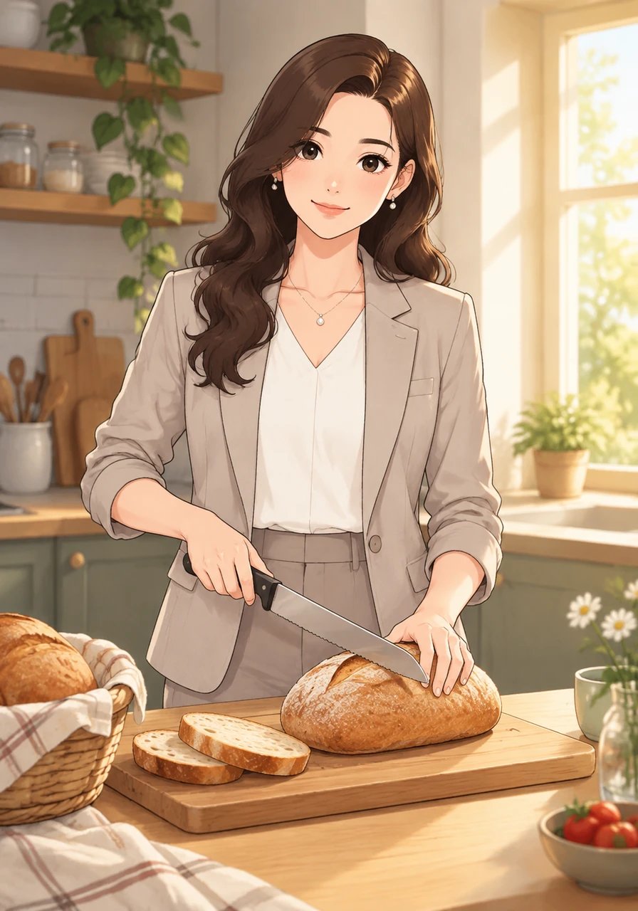 A segunda mulher é a Paciente, representada pela Faca de Pão serrilhada. Ela transmite serenidade e calma em seus gestos acolhedores, lembrando que sem pressa vamos fazer direitinho, honrando a verdade de Eclesiastes 7:8 sobre o valor da paciência.