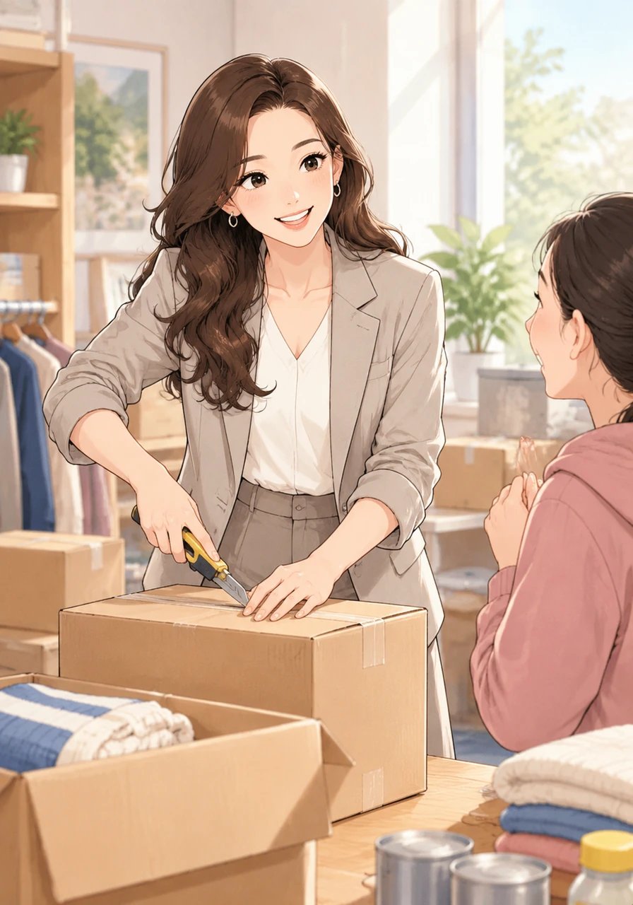 A quarta mulher representa a Versátil, acompanhada da Faca Utilitária de tamanho médio. Prática, dinâmica e adaptável, ela está sempre disposta a ajudar com um sorriso, vivendo 1 Pedro 4:10 ao usar seus dons para servir aos outros.
