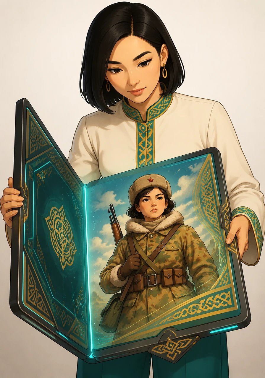 A sleek, modern digital journal cover opens to reveal a striking portrait of Aliya Moldagulova, her eyes filled with determination and honor. The elegant design features traditional Kazakh geometric patterns blended with contemporary typography, prepared by Maratova Aliya Maratovna.