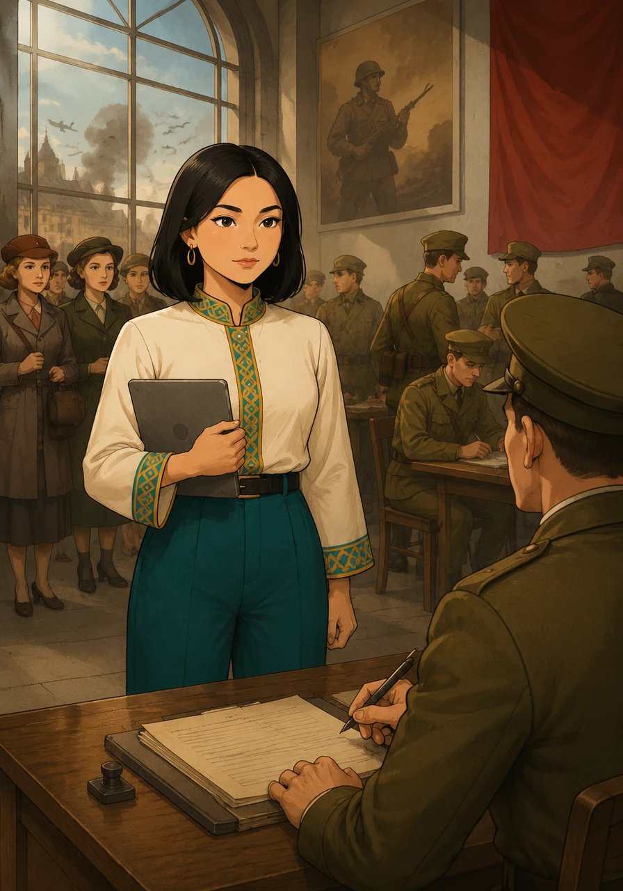 When the shadows of World War II loom over the land, the brave young woman makes a profound choice to defend her homeland. With unwavering resolve, Aliya volunteers to join the armed forces, eager to protect the peace of her people.