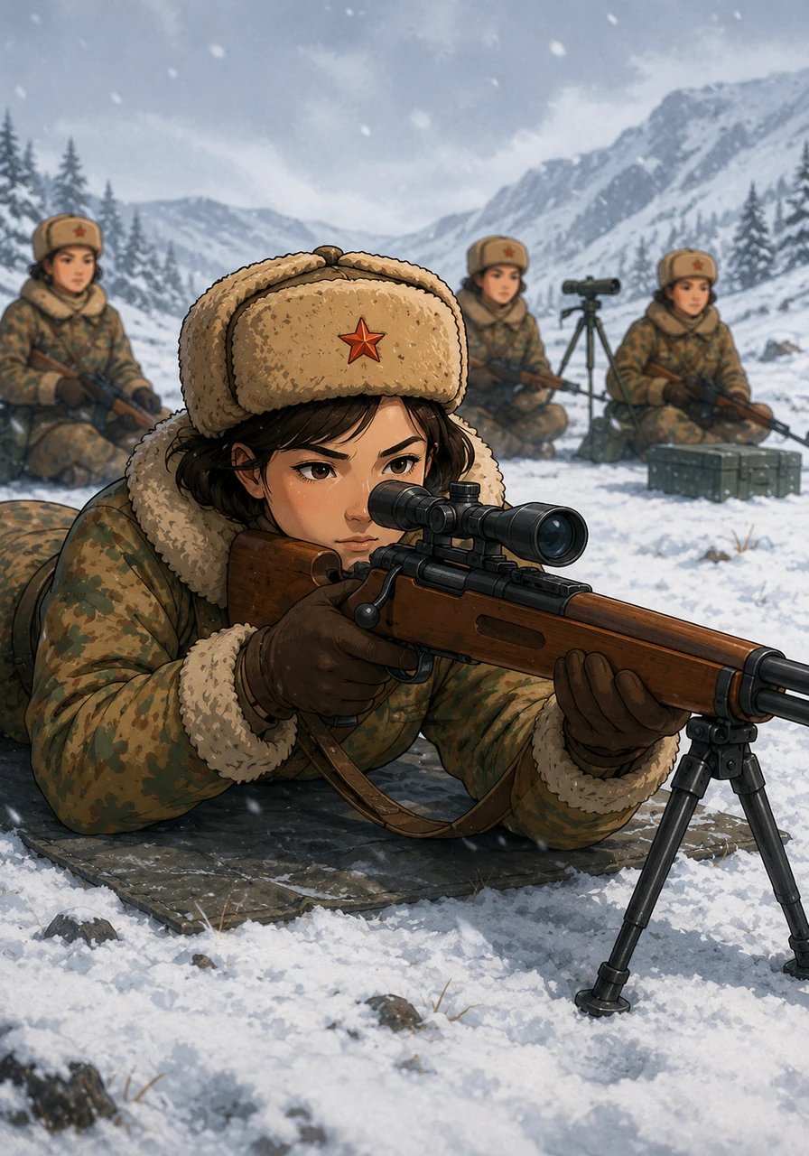 At the Central Female Sniper School, Aliya trains rigorously under frozen, demanding conditions, mastering her skills with absolute precision. Her dedication stands out among her peers as she learns to handle her rifle, preparing for the challenging days ahead on the front line.