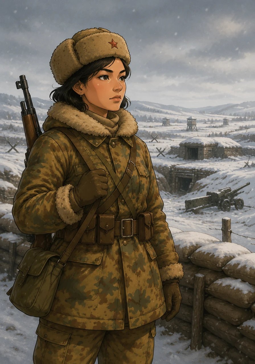 Arriving at the snow-covered front line, Aliya stands vigilant in her camouflage winter gear, overlooking the quiet yet tense battlefield. Her keen eyes scan the horizon, embodying the strength and quiet courage of a true defender.