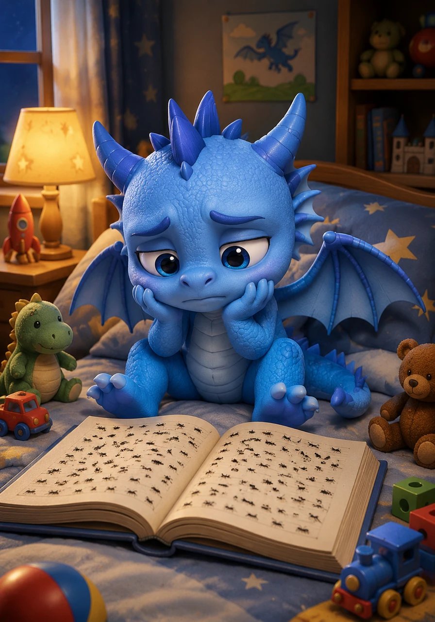 Dans sa chambre remplie de jouets, le petit Léo boude devant un grand livre ouvert sur son lit. Pour lui, les pages pleines de lettres noires sont ennuyeuses et ressemblent à des fourmis endormies.