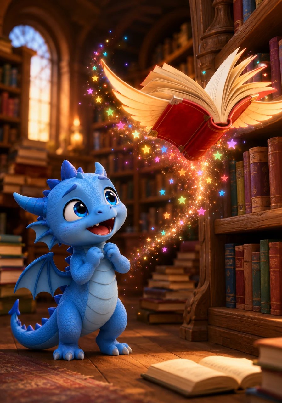 Soudain, une lueur dorée s'échappe de la bibliothèque et un petit livre rouge commence à battre des pages comme un oiseau. Le livre s'envole joyeusement dans la pièce, laissant une traînée d'étoiles multicolores derrière lui.