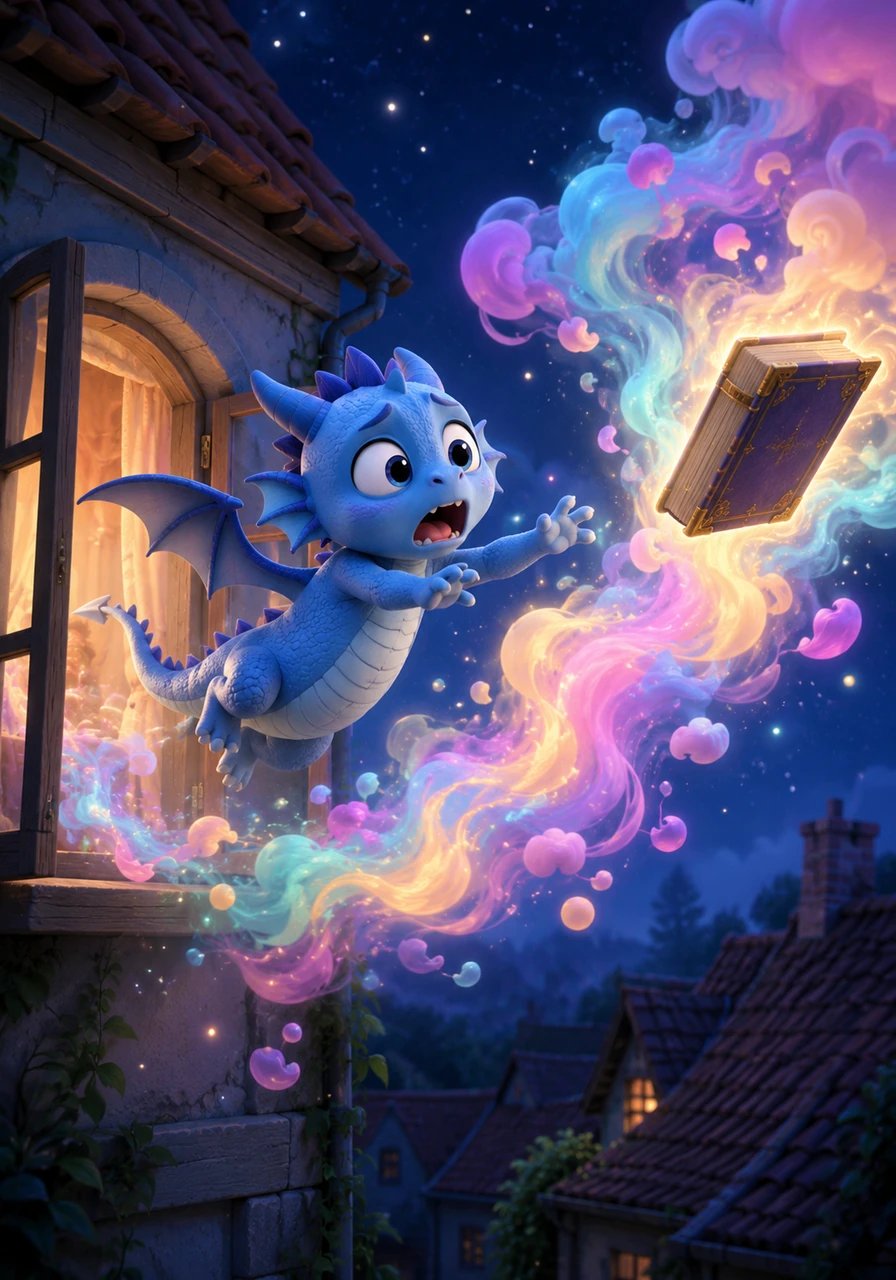 Léo, les yeux grands ouverts de surprise, court après le livre magique qui traverse la fenêtre ouverte. Il se retrouve à flotter dans les airs, transporté par un nuage de mots doux et colorés au-dessus de sa maison.