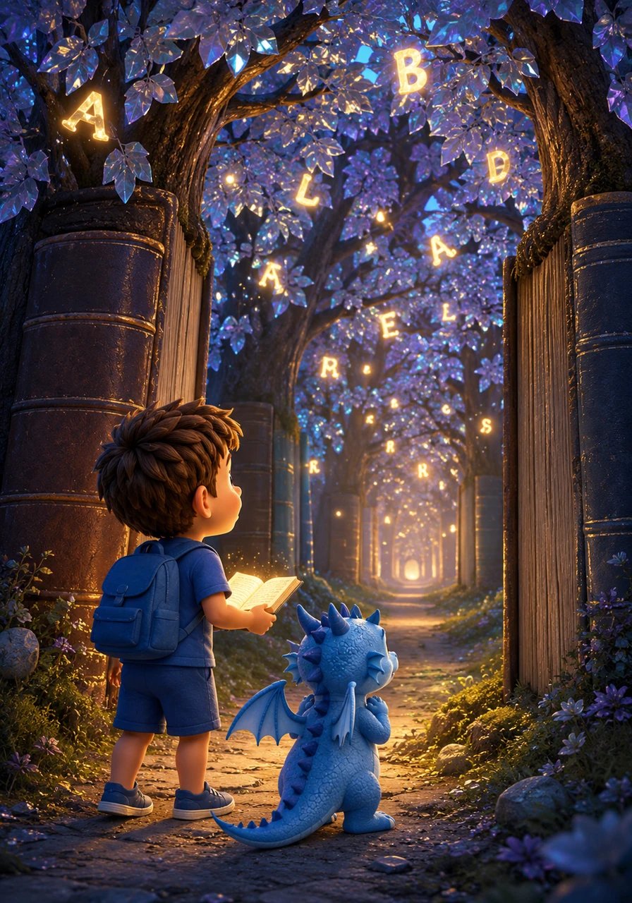 Le livre guide Léo jusqu'à l'entrée d'une forêt mystérieuse où les arbres ont des troncs en forme de dictionnaires et des feuilles en papier cristal. Des lettres géantes et lumineuses brillent entre les branches comme des lucioles.