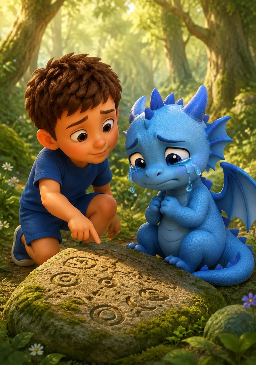 Au milieu d'une clairière, un jeune dragon bleu timide pleure de grosses larmes parce qu'il a perdu son histoire. Léo s'approche doucement et commence à déchiffrer les mots gravés sur une pierre pour l'aider.