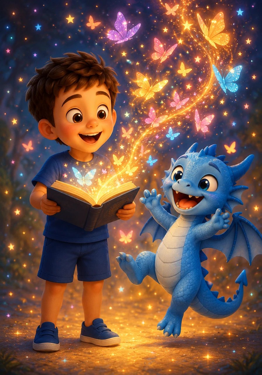 À mesure que Léo lit les phrases à haute voix, les mots s'animent et se transforment en magnifiques papillons magiques. Le dragon retrouve son sourire et se met à danser de joie sous une pluie d'étoiles colorées.