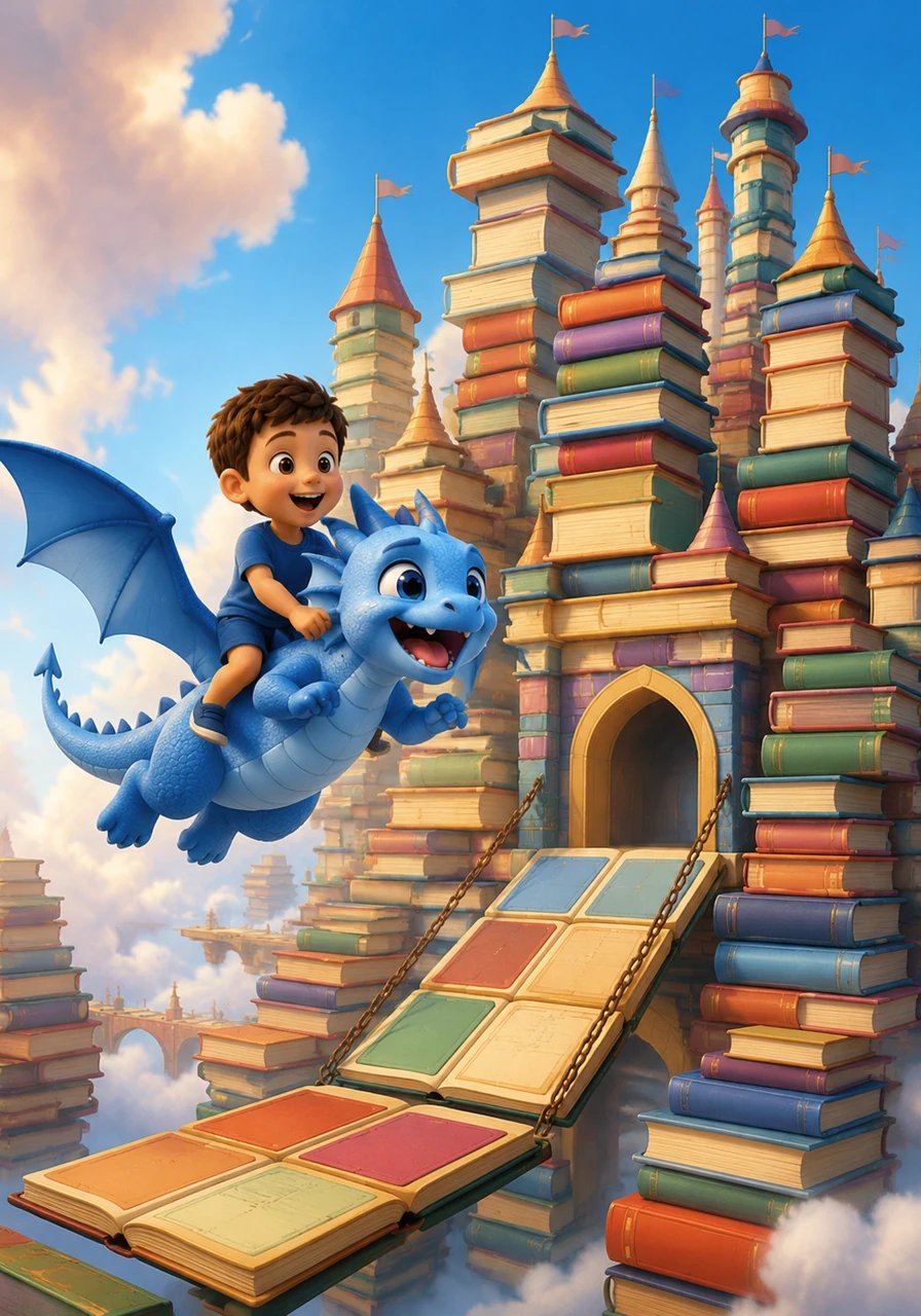 Pour remercier Léo, le dragon l'invite sur son dos et s'envole vers un immense château construit entièrement avec des livres géants. Les tours sont des piles de romans et les ponts-levis sont de grandes bandes dessinées.