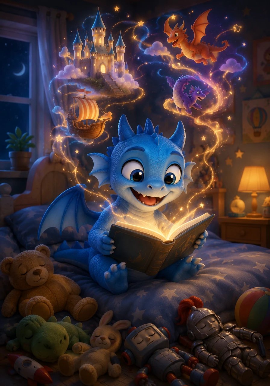 De retour dans sa chambre, Léo est sagement assis sur son lit, un grand sourire aux lèvres, plongé dans sa lecture. Ses autres jouets dorment par terre tandis que son imagination crée un univers merveilleux tout autour de lui.