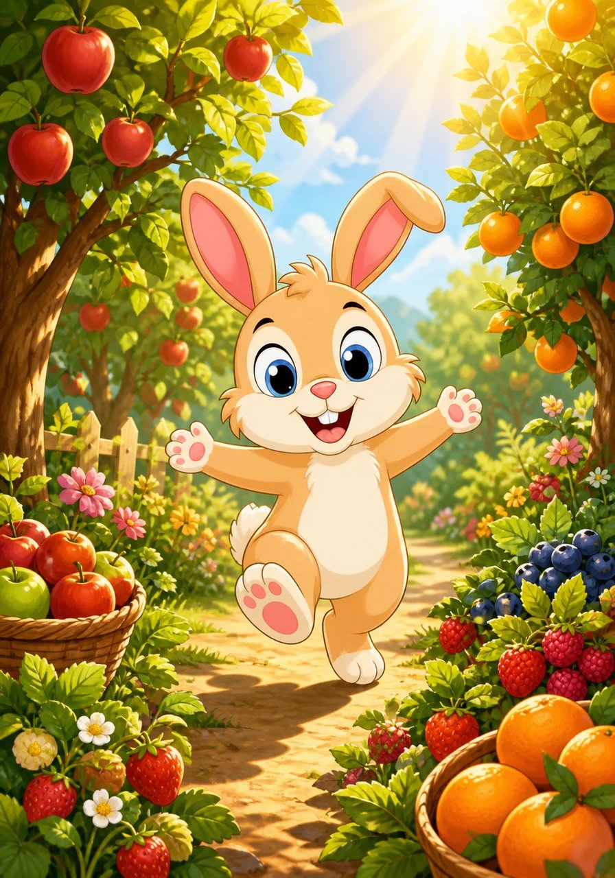 Pip the Bunny skips happily into a bright, sunny fruit garden bursting with vibrant colors. He wears a happy smile, excited to discover all the delicious healthy treats waiting for him today.