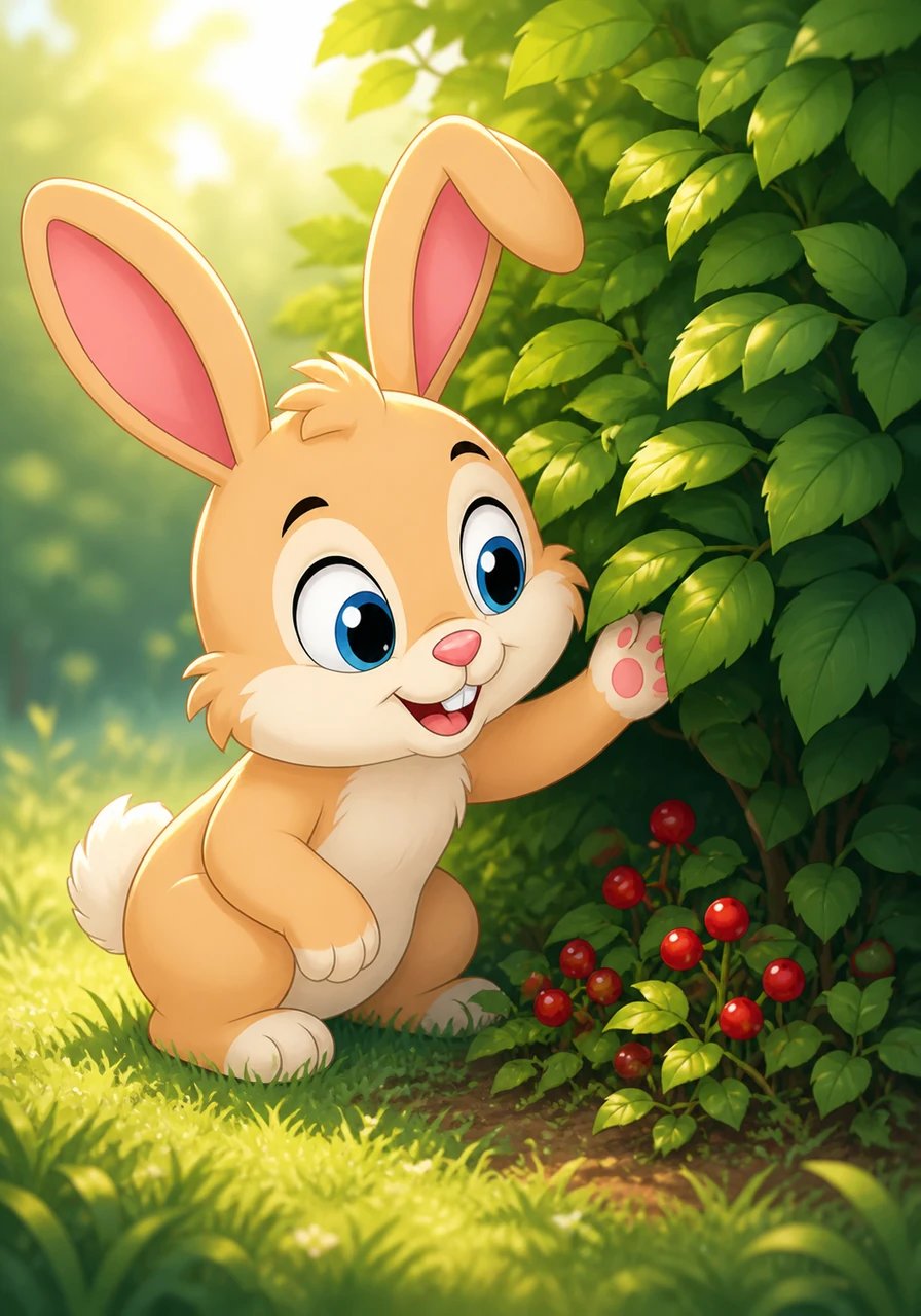 Pip stops beside a leafy green bush near the soft grass. Nestled safely underneath the leaves, he spots tiny red treasures hiding in the sunshine.