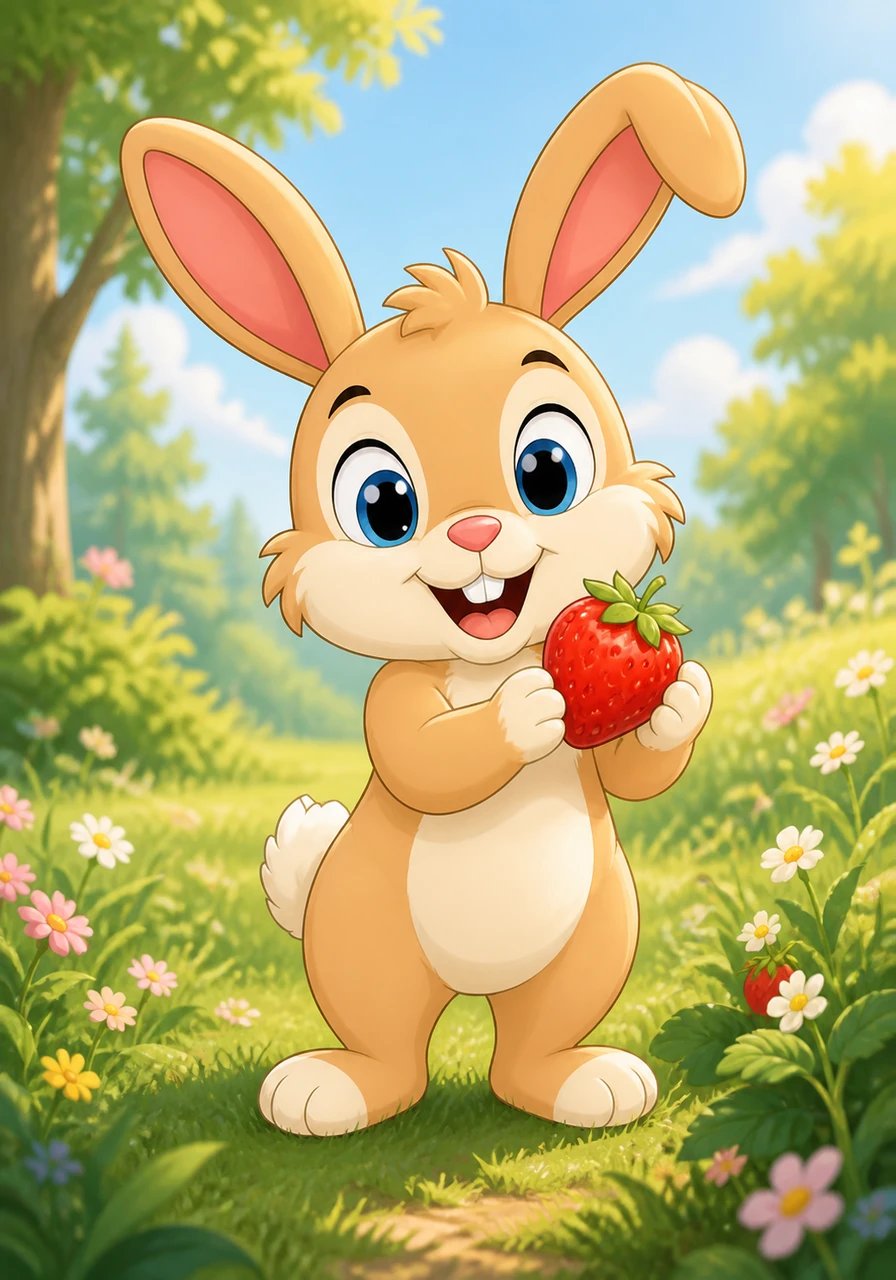 Pip gently picks a tiny red fruit and holds it up proudly. This is a strawberry. It is bright red and juicy. It tastes sweet and delicious.