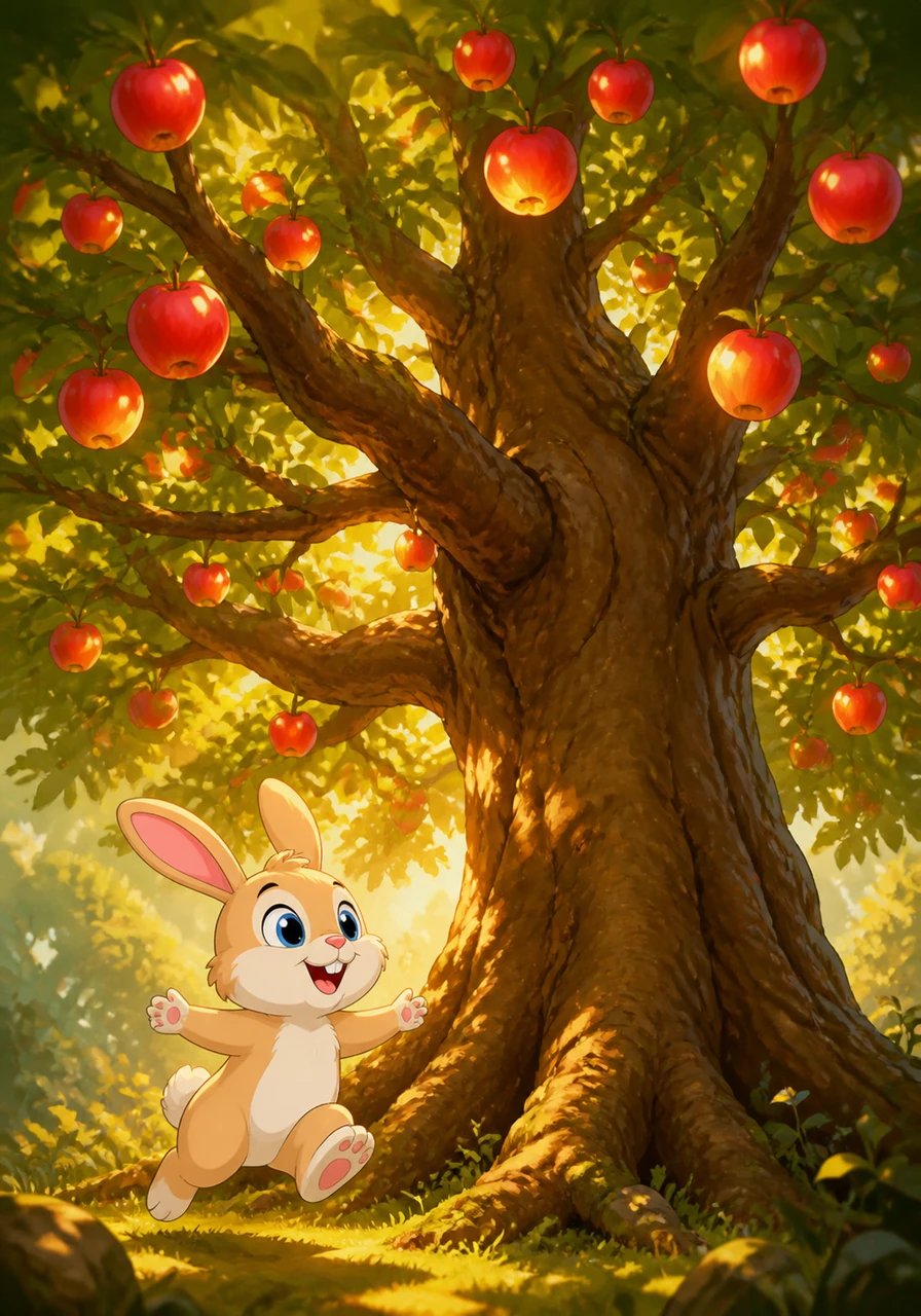 Next, Pip hops over to a tall apple tree with lush green branches. Big, heavy fruits hang gracefully from the sturdy limbs, glowing in the warm sunlight.