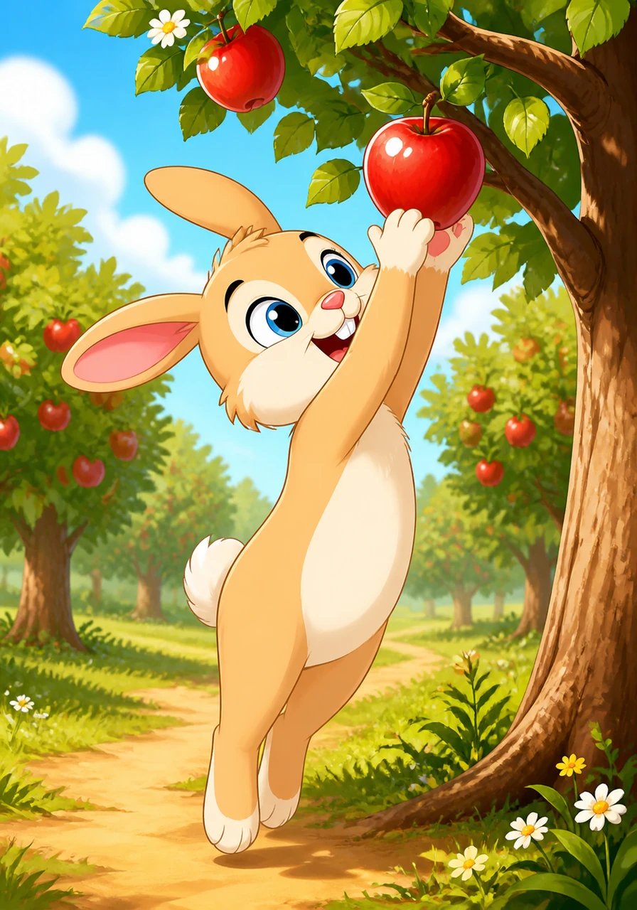 Pip reaches high up on tiptoes to grab a smooth fruit from the tree. This is an apple. It has smooth, shiny skin. It tastes sweet and crunchy.