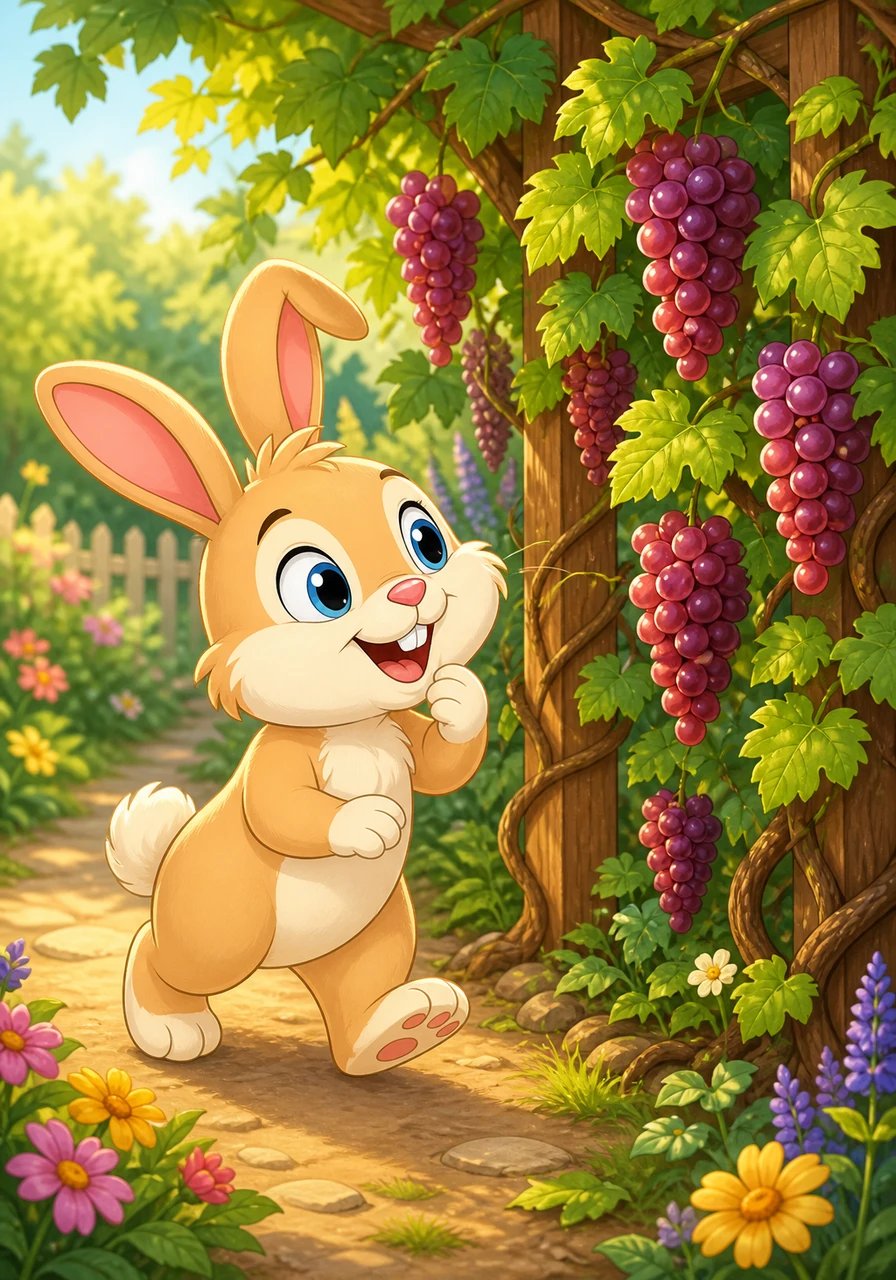 Pip wanders over to a wooden trellis where climbing vines twist and grow. Rows of small round fruits hang down in beautiful tidy clusters.