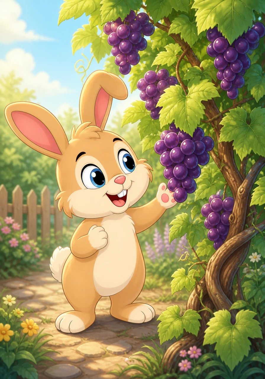 Pip gently admires the pretty purple fruit growing together on the vine. These are grapes. They grow in small bunches. They are sweet and juicy.