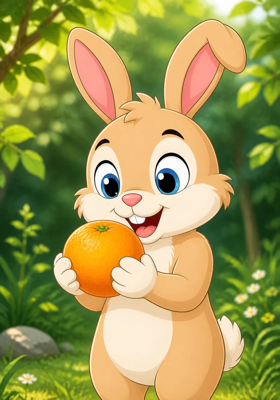 Pip holds a round, bumpy fruit between his soft little paws. This is an orange. It has a bright orange colour. It tastes sweet and refreshing.
