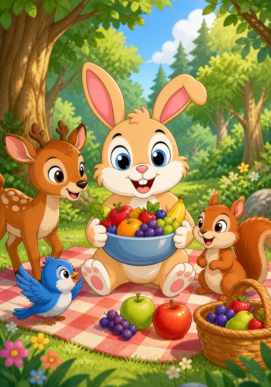 Pip sits on a soft grassy picnic blanket with a bowl full of colorful fruits, sharing them with his friendly forest pals. Eating healthy, colorful snacks makes everyone feel happy and strong.