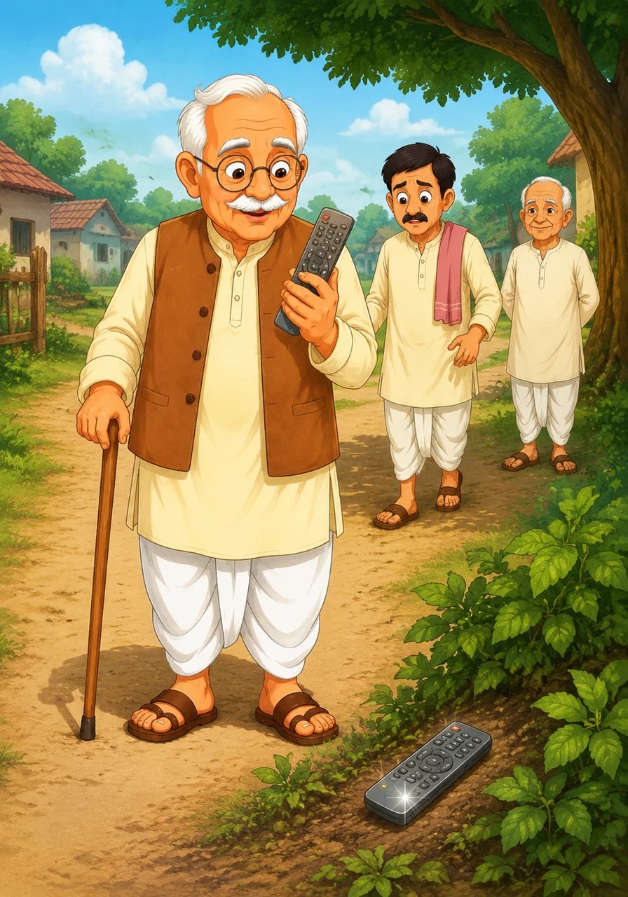 हरि दादा गाँव की धूल भरी पगडंडी पर टहल रहे थे, तभी उनकी नज़र झाड़ियों के पास पड़े एक पुराने और चमकते हुए रिमोट पर पड़ी। उन्होंने उसे उत्सुकता से उठा लिया और सोचने लगे कि यह अनोखी चीज़ यहाँ कहाँ से आई होगी।