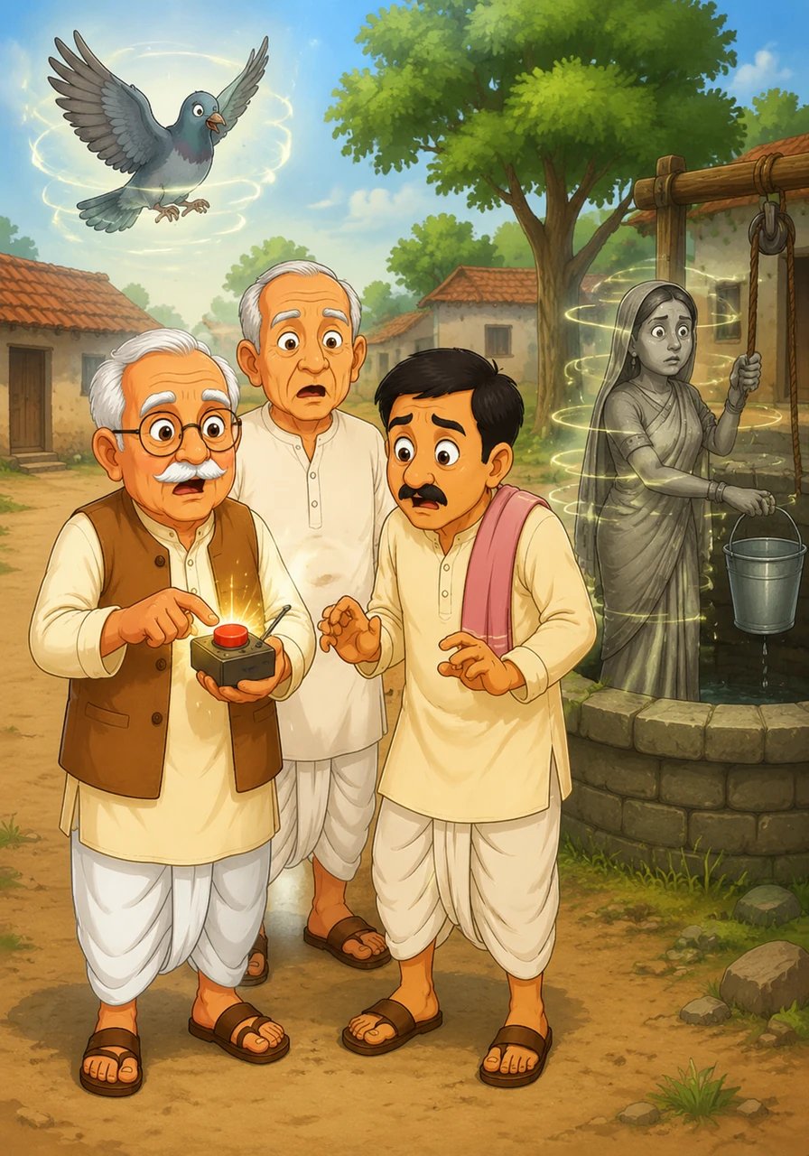 हैरानी में आकर उन्होंने रिमोट का बड़ा लाल बटन दबा दिया और तभी एक चमत्कार हुआ। अचानक पूरा गाँव एक पल में ठहर गया—हवा में उड़ता पक्षी रुक गया और कुएँ से पानी भरती महिला पत्थर की मूर्ति जैसी बन गई।
