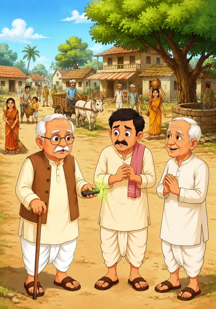 थोड़ा घबराकर हरि दादा ने जल्दी से रिमोट का हरा बटन दबाया। देखते ही देखते गाँव फिर से ज़िंदा हो उठा और चारों ओर लोगों की आवाज़ें और काम का शोर फिर से गूँजने लगा।