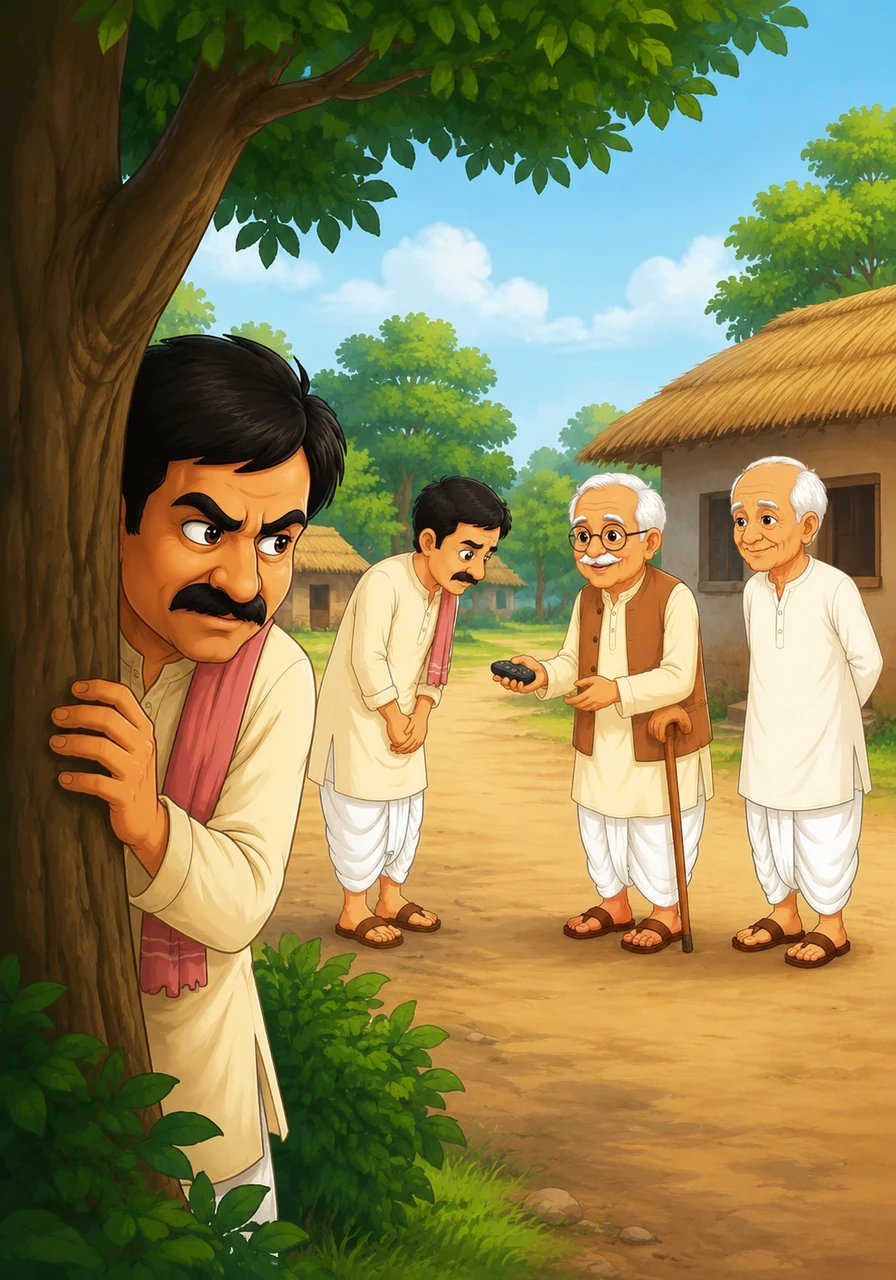 गाँव का एक लालची आदमी चुन्नीलाल पेड़ के पीछे छिपकर सब देख रहा था। उसने सोचा कि अगर वह इस रिमोट को चुरा ले, तो वह पूरे गाँव को रोककर सारा खज़ाना और कीमती चीज़ें आसानी से ले सकेगा।