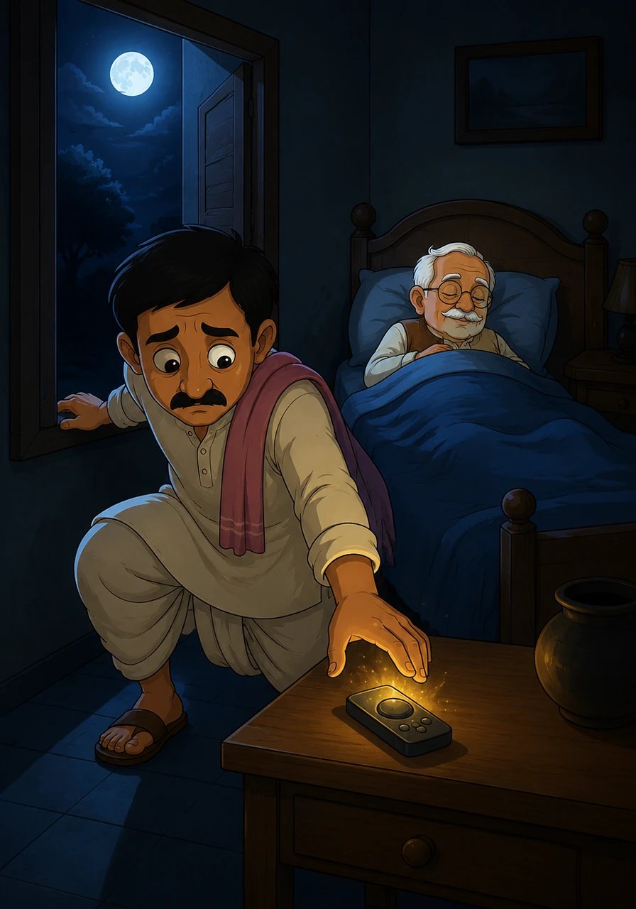 उस रात जब हरि दादा गहरी नींद में सो रहे थे, चुन्नीलाल चुपके से उनके घर की खिड़की से अंदर घुसा। उसने मेज़ पर रखा वह जादुई रिमोट धीरे से उठाया और अंधेरे में गायब हो गया।