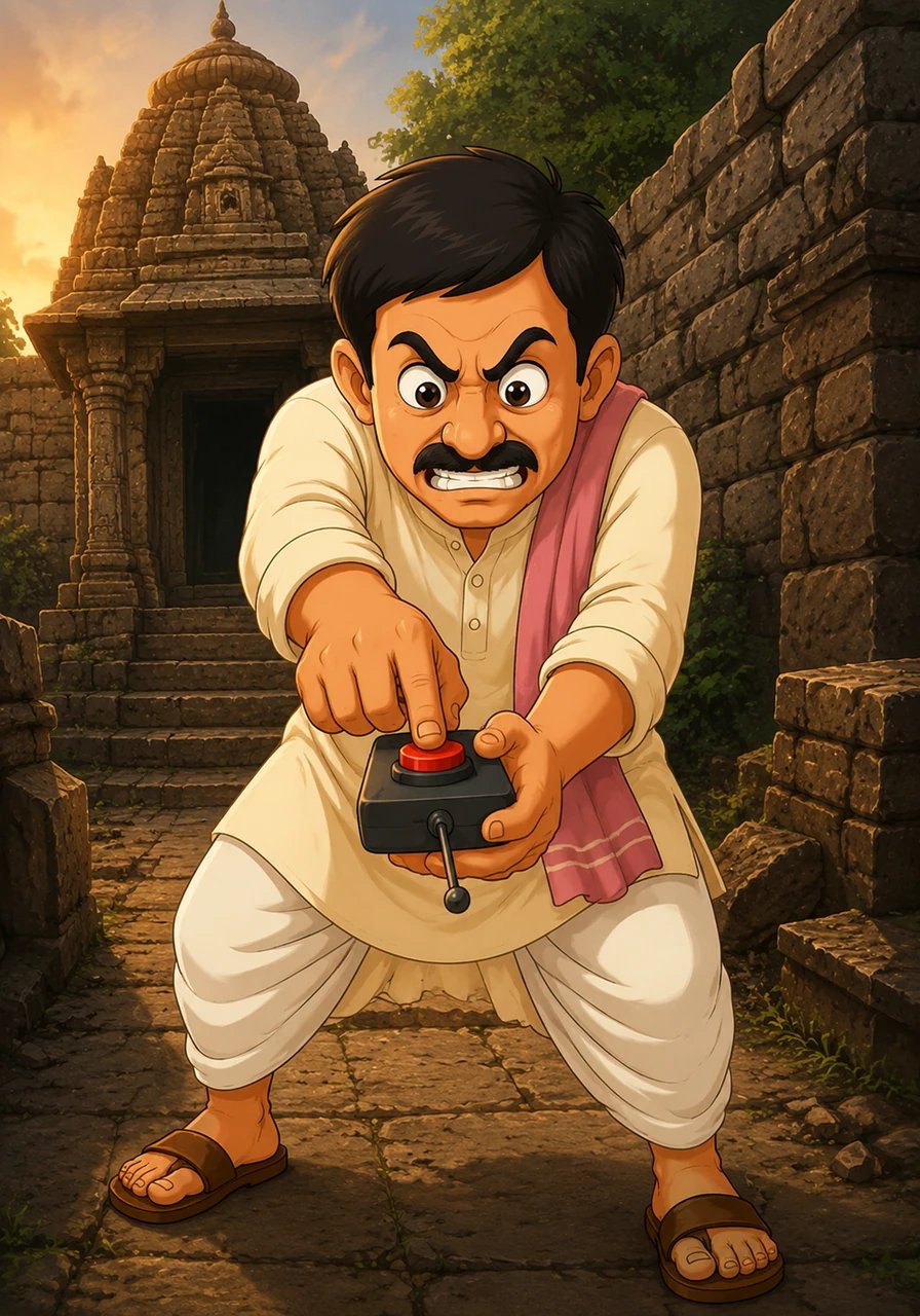 चुन्नीलाल गाँव के पुराने मंदिर के पास पहुँचा जहाँ उसे लगा कि खज़ाना छिपा है। उसने अपनी आँखों में लालच लिए रिमोट का लाल बटन पूरी ताकत से दबा दिया।