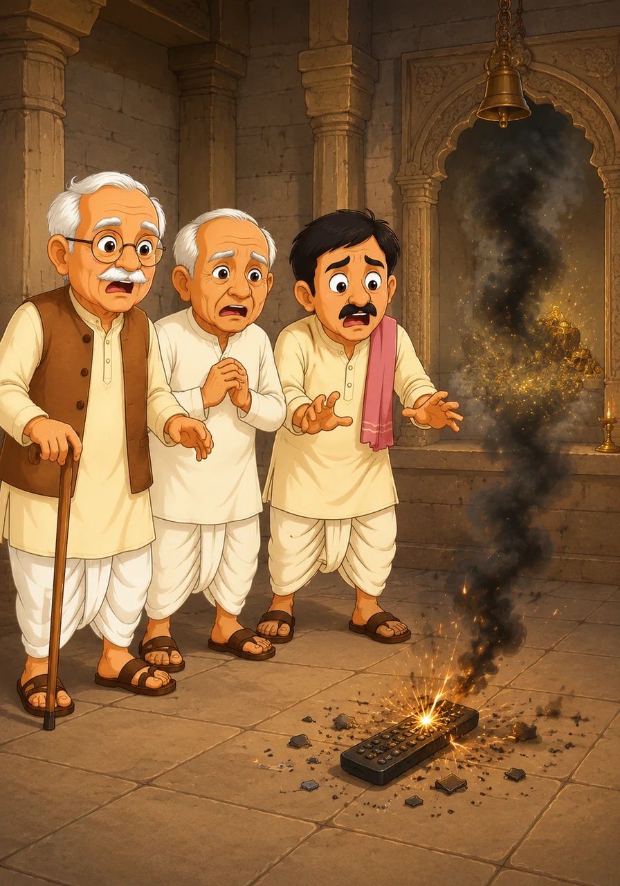 लेकिन अचानक रिमोट से ज़ोरदार चिंगारियाँ निकलीं और उसमें से काला धुआँ उठने लगा। रिमोट एक बेकार प्लास्टिक का टुकड़ा बन गया और मंदिर के पास दिखने वाला खज़ाना भी अचानक गायब हो गया।
