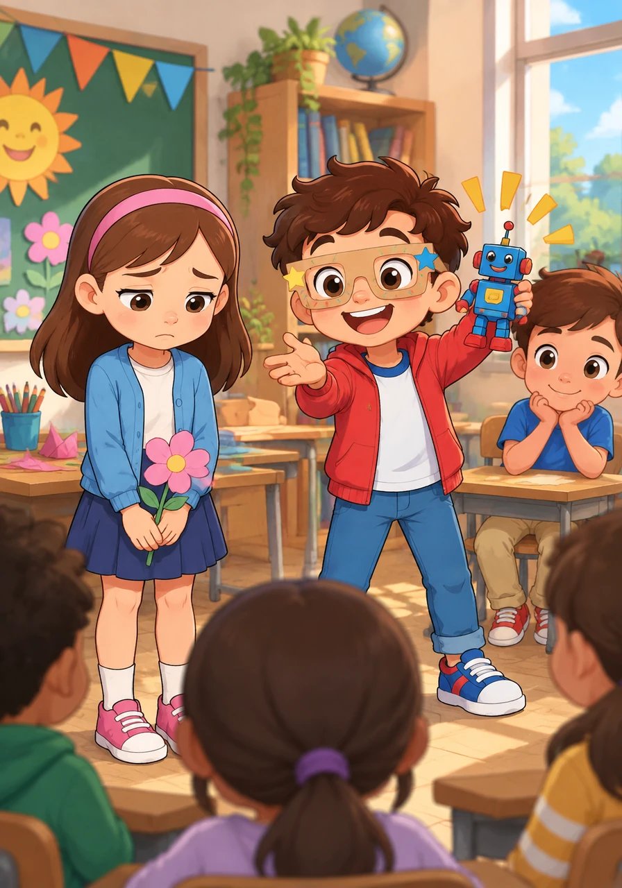 Durante el tiempo de compartir, su compañera Sofía explicaba con ilusión cómo había elaborado una delicada flor de papel. Lleno de entusiasmo, Mateo la interrumpió hablando en voz alta sobre su propio juguete, haciendo que Sofía se sintiera triste y guardara su trabajo.